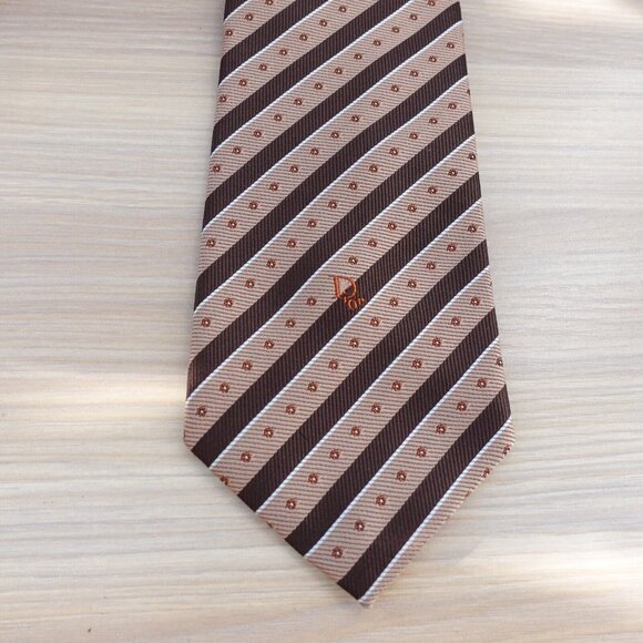 Christian Dior Neck Tie Mens Brown Striped Silk Logo Initial Flower Rustic Short - Picture 4 of 10